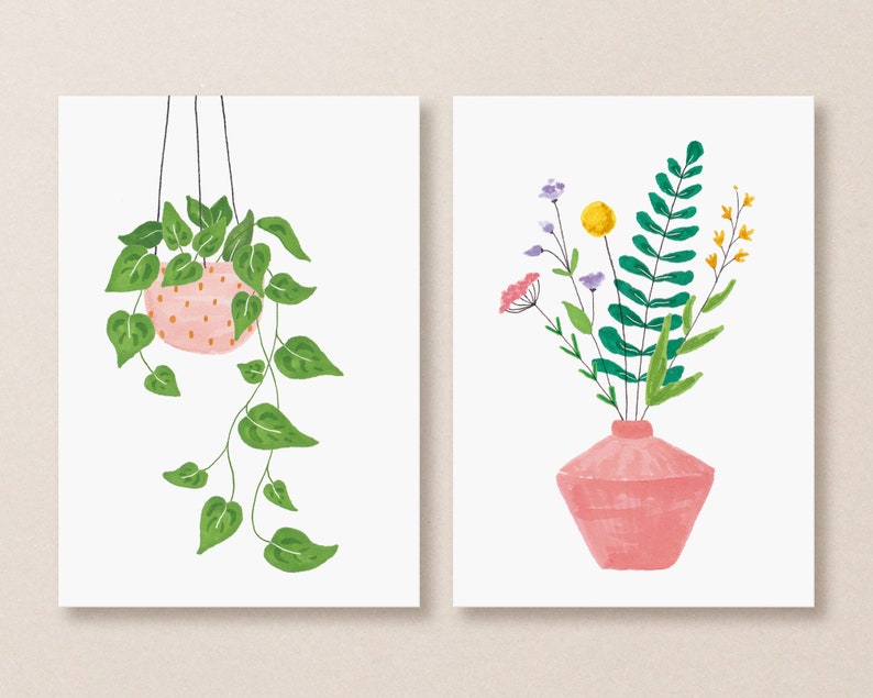 Set of 2 postcards plant and wildflowers, illustrated flowers card, hanging plant card, floral illustration, plant lady card, summer cards image 1