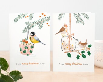 Birds Merry Christmas Card Set - Folded Christmas Card Bundle w/ Great Tit, Robin, & Eurasian Wren Design | Unique Christmas Gift Ideas