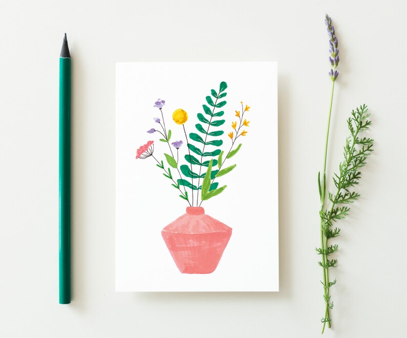 Set of 2 postcards plant and wildflowers, illustrated flowers card, hanging plant card, floral illustration, plant lady card, summer cards image 4