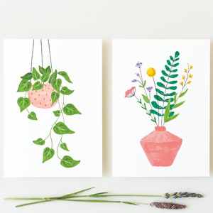 Set of 2 postcards plant and wildflowers, illustrated flowers card, hanging plant card, floral illustration, plant lady card, summer cards image 6