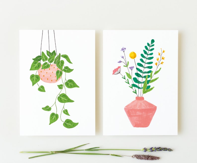 Set of 2 postcards plant and wildflowers, illustrated flowers card, hanging plant card, floral illustration, plant lady card, summer cards image 6