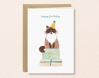 Cat Happy Birthday Card | Whimsical ragdoll cat illustration, unique birthday card for her, hand drawn and eco friendly