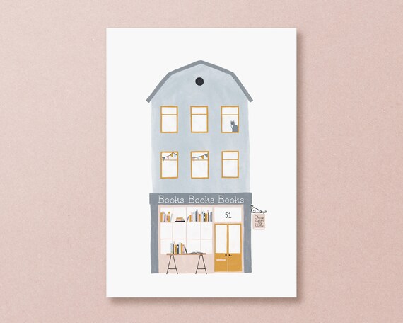 Book Illustration Postcard Little Library Art Print Gift for Book Lovers Writers Readers Cute Watercolor Artwork NaNoWriMo Card