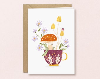 Cup of Autumn Greeting Card | handmade fall illustration, magical autumn card, cute shroomies illustrated card