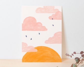 Postcard pink sunset - Dreamy card with the sun, pink clouds and swallows. For any occasion or as wall art