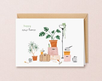 New home greeting card - cute congrats on new house card with plants, housewarming card for plant lovers