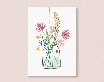 Postcard flowers in a jar - cheerful card with illustration of lovely flowers in a glass jar and a ladybird