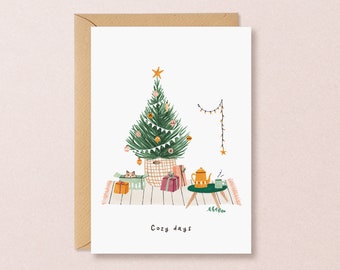 Tree Christmas Cards with Cat, Cute Christmas Card Set, Cute Orange Cat Christmas Cards Handmade Set, Hand Drawn Christmas Card with Tree
