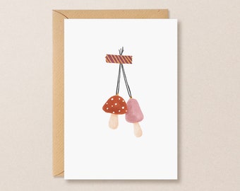 Cozy mushrooms card | fall greeting card handmade, cute autumn card, holiday card mushrooms illustration, fall decor shroomies