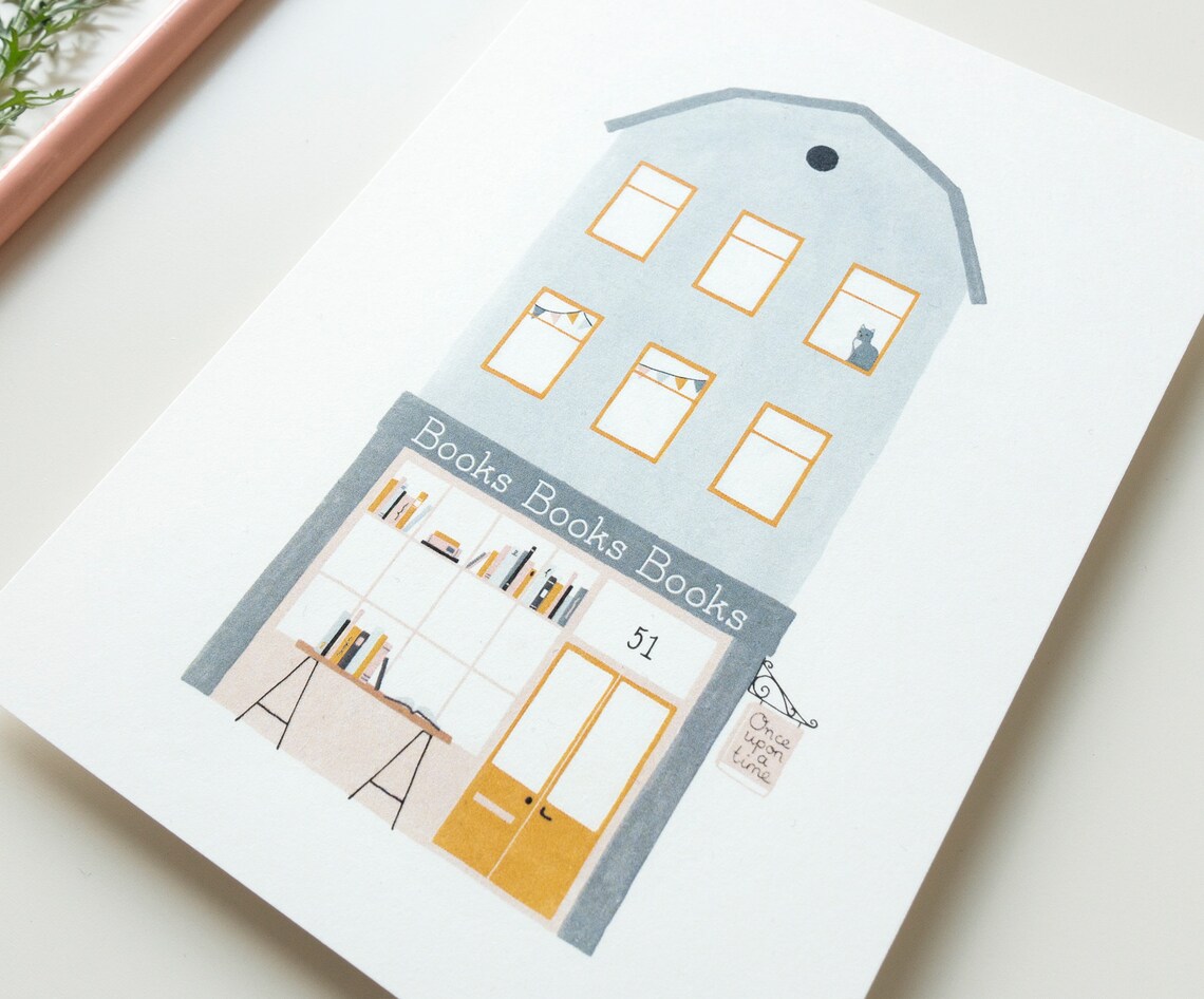 Postcard Bookstore Cute Postcard With Illustration of Little Etsy