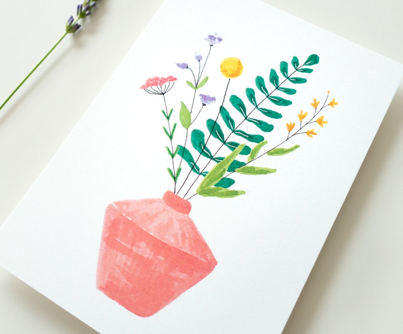 Set of 2 postcards plant and wildflowers, illustrated flowers card, hanging plant card, floral illustration, plant lady card, summer cards image 2