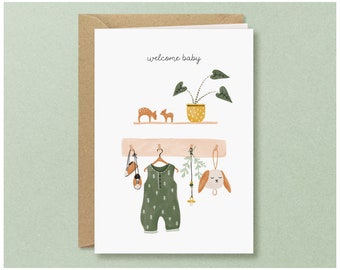 Baby greeting card nursery - cute card to welcome a newborn baby with forest themed nursery illustration