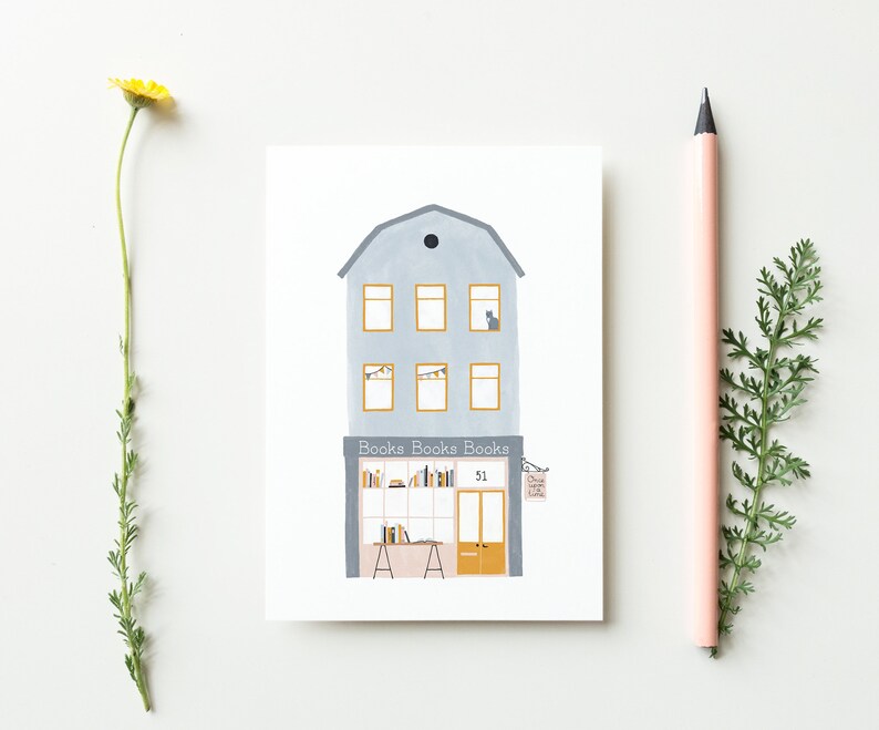 Postcard Bookstore Cute Postcard With Illustration of Little Etsy