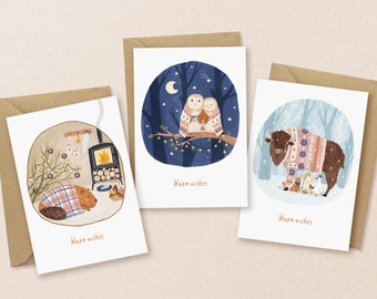 Set of 3 Warm and Hopeful Christmas Greeting Cards - Eco-Friendly Animal Themed Holiday Greeting Card Bundle | Christmas Card Pack