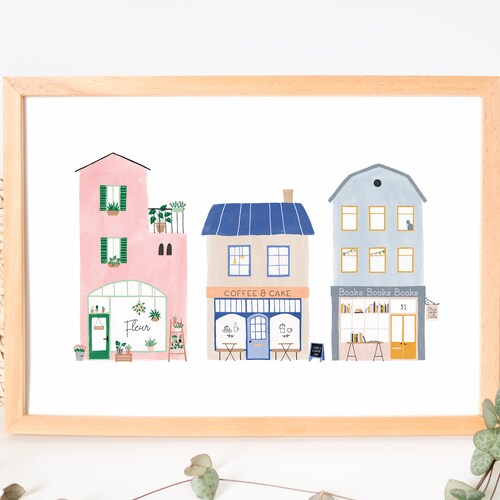 Art Print of Little Shops Houses Illustration Cute Art Etsy