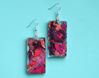 Purple and Pink Resin Recycled Acrylic Paint Dangle Earrings