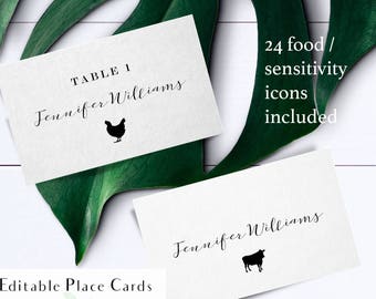 Printable calligraphy meal choice place cards, rustic escort card food choices, name and meal choice cards, reception name card with food