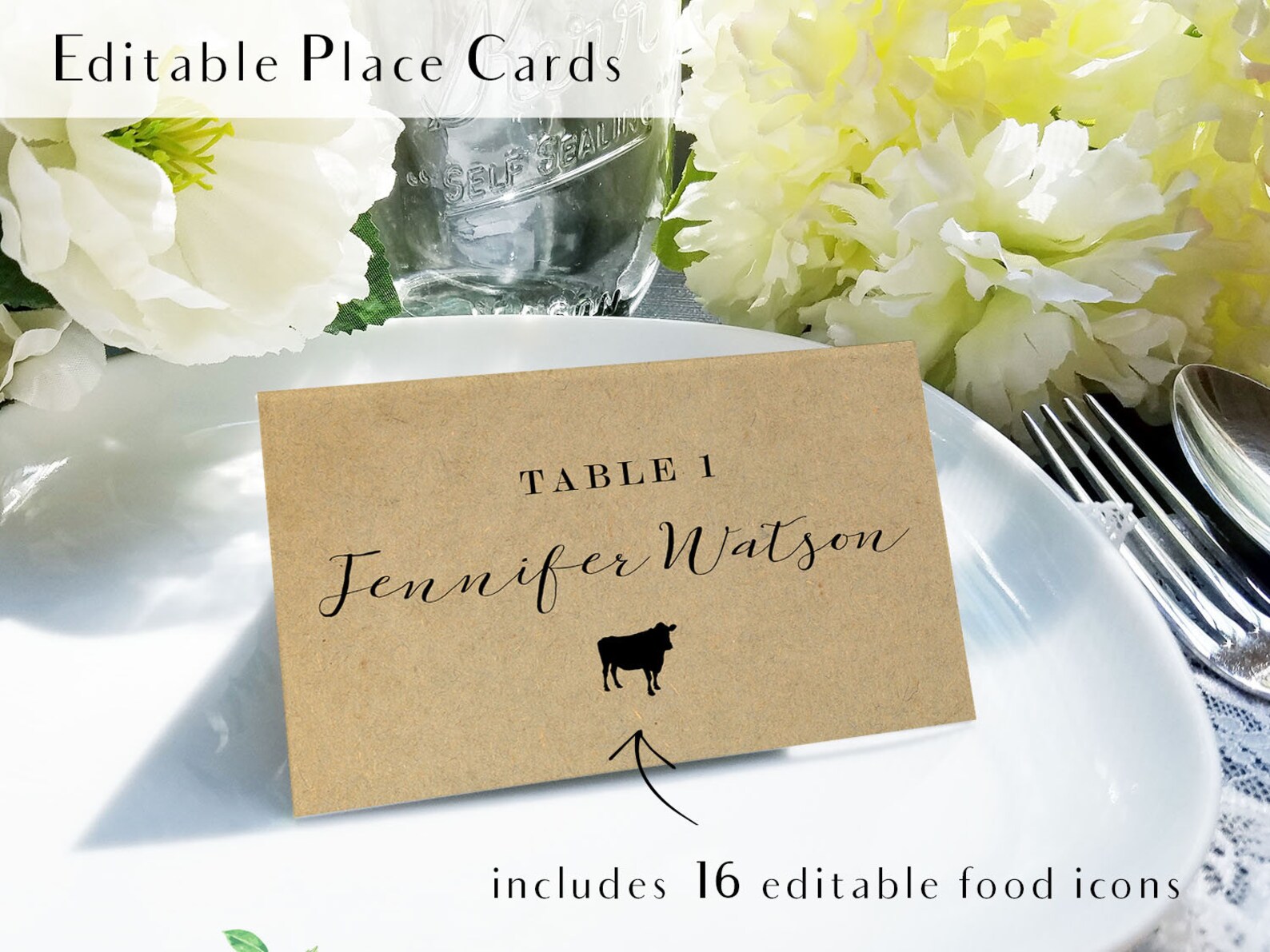 Rustic meal choice place cards printable escort card food Etsy