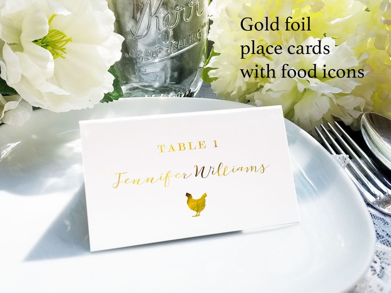 rose gold escort card food gold foil name card with food Gold foil calligraphy meal choice place cards gold name and meal choice cards