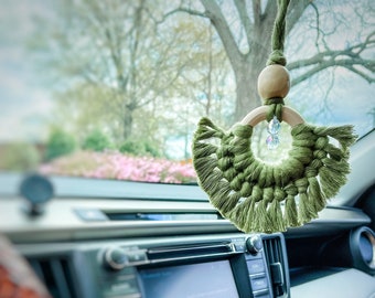 Rearview Mirror Crystal – Crystal Macrame Rearview Mirror – Hippie Car Accessories – Macrame Diffuser Car Accessories - Crystal Diffuser Car