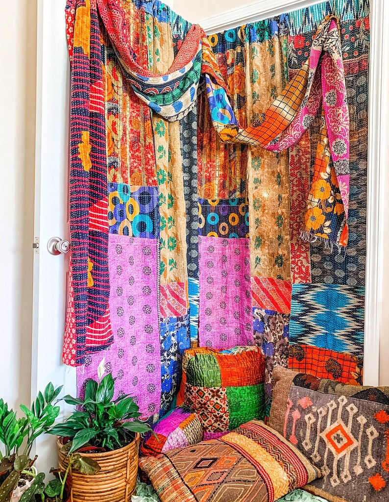 Rustic Boho Scarf Curtain Panels Kantha Patchwork Colorful Etsy