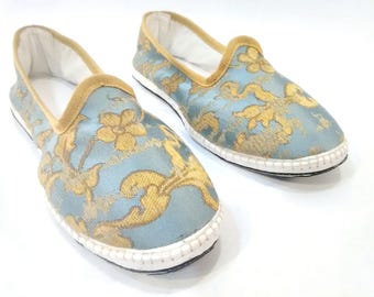 Venetian women's Slippers on Rubelli fabric, Les Indes Galantes Cielo pattern, Handmade in Italy