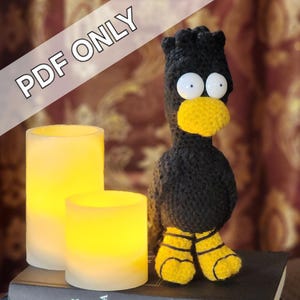 Puede incluir: Una figura de pájaro de ganchillo negro y amarillo con grandes ojos blancos y un pico amarillo. El pájaro está de pie sobre un libro con el texto "My Name is Barbra" y "Barbra Streisand". Dos velas LED amarillas brillantes están en el fondo. El texto "PDF ONLY" está en la esquina superior izquierda.
