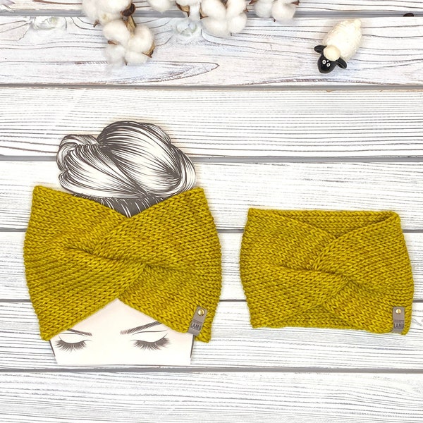 Twist Knit Headband, Adult Merino Wool Ear Warmer, Birthday Gift for Women, Messy Bun Hat, Mustard Yellow Soft Winter Headband for Her
