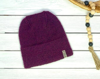 Double Brim Unisex Wool Winter Hat, Fitted Hand Knit Winter Beanie for Men, Maroon Wool Toque for Women, Gift for Father, Hat for Runner