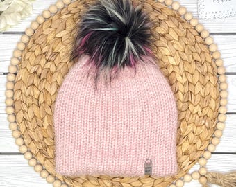 Soft Pink Acrylic Beanie for Child / Adult S, Hand Knit Pink Pompom Toque