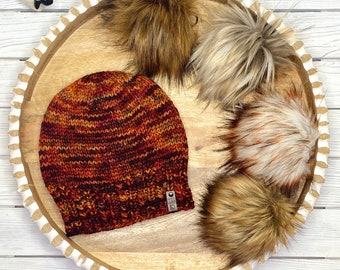 Hand Knit Unisex Merino Wool Beanie, Chunky Knit Trendy Hat for Women, Handmade Gift for Her, Lightweight Ski Toque, Rust Brown Hat for Men