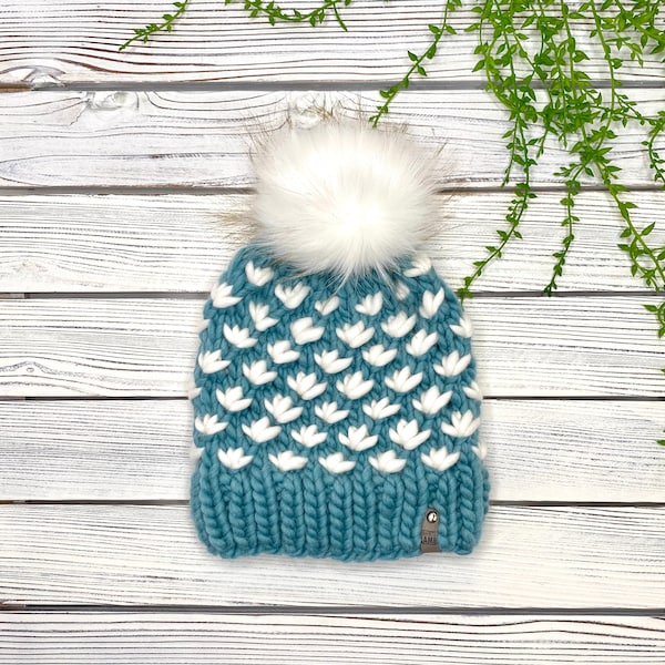 Lotus Flower Beanie, Merino Wool Hat, Turquoise Handmade Wool Hat, Gift for Women, Knit Ski Toque, Winter Faux Fur Pompom Hat for Her