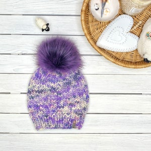 Classic Knit Soft Merino Wool Hat for Women, Slouchy Knit Winter Pompom Beanie, Handmade Mothers Day Gift, Purple Knit Ski Toque for Wife image 6