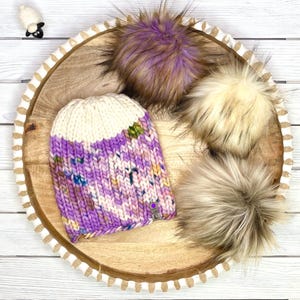 Ribbed Merino Wool Beanie for Women | Optional Faux Fur Pompom, Chunky Knit Winter Hat, Handmade Gift for Teen, Cozy Warm Purple Ski Toque