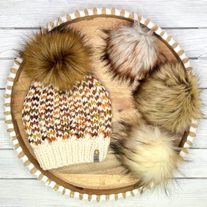 Soft Cozy Adult Merino Wool Hat | Optional Faux Fur Pompom, Chunky Knit Winter Hat, Luxury Gift for Women, Orange White Beanie for Her