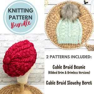 Puede incluir: Un paquete de patrones de tejido con dos patrones de gorros trenzados. La imagen muestra una boina trenzada roja y un gorro trenzado verde claro con un pompón de piel sintética. El texto incluye "Knitting Pattern Bundle" y nombres de patrones.