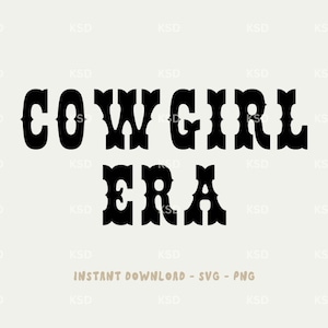 Puede incluir: Diseño gráfico en blanco y negro con el texto "COWGIRL ERA" en una fuente de estilo western.