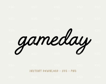 May include: A black and white graphic design with the text "gameday" written in a cursive font.