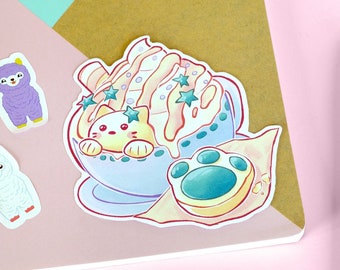 Kitten Latte and Cookie Sticker (autocollant en vinyle brillant de 4 pouces)