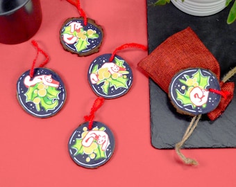 Holly Cat Christmas Decorations (14cm Round Hand Painted Wood Holiday Ornaments)