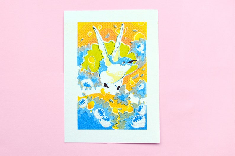 Humming Bird Honey Risoprint A6 200GSM riciclato 'Natural White' cartuccia Art Print Set di 8 Eucalyptus