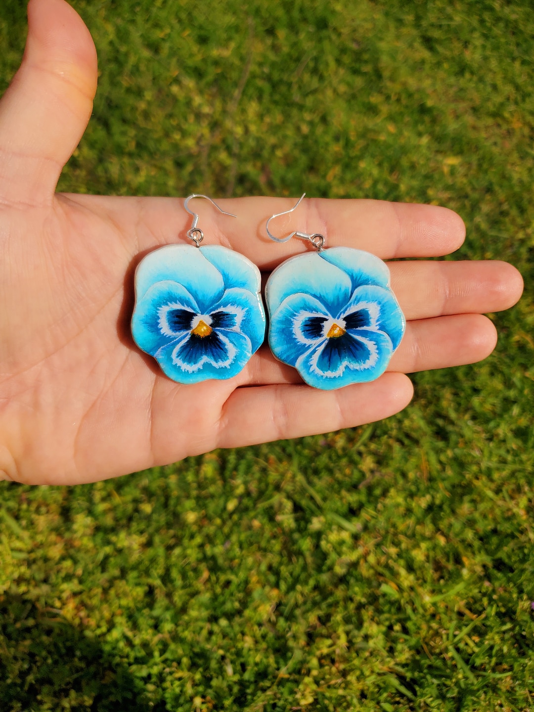 Hand Painted Blue Pansy Flower Earrings Etsy