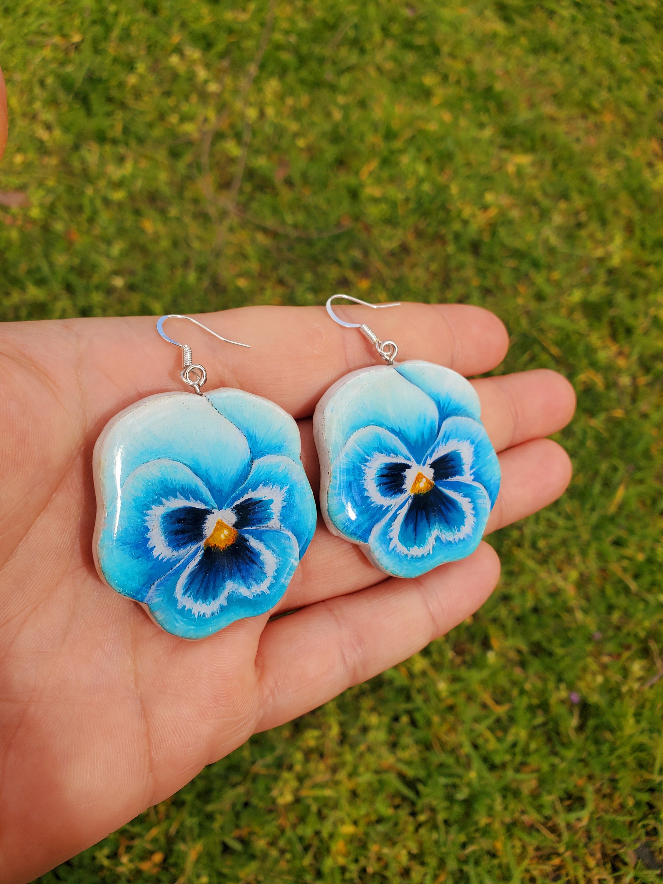 Hand Painted Blue Pansy Flower Earrings Etsy