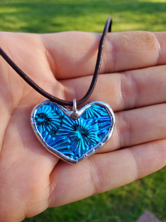 Blue Heart Necklace Dichroic Glass 