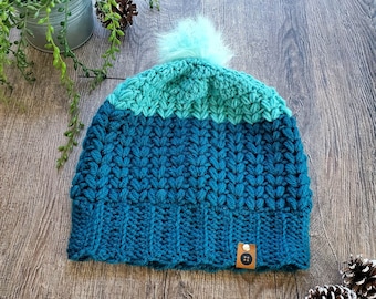 Blue Winter Hat with Pom Pom, Two Toned Winter Hat, Cute Warm Winter Beanie, Winter Accessories