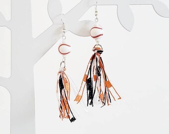 Baseball Tassel Earrings, Orioles earrings, Lightweight dangle earrings, Black Orange and White Earrings, Fringe Earrings, B6