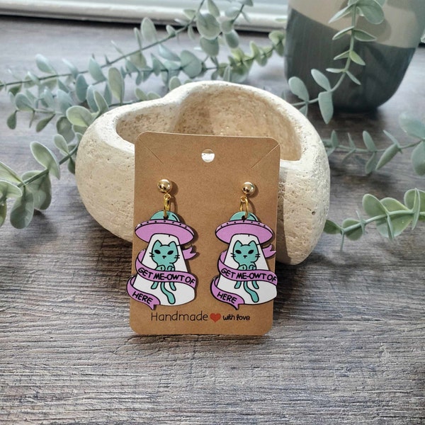 Space Cat Earrings, Funky Cat Dangle Earrings, Weird Cat Earrings, UFO Cat Earrings, Mismatch Earrings, Gift for Cat Lovers, G3