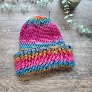 Rainbow knit beanie, Soft knit hat