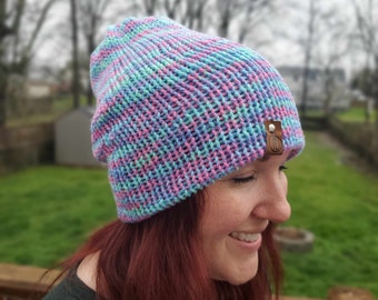 Pink and Blue Knit Beanie for Adults, Cute Spring Beanie, Lightweight Knit Hat, Soft Comfortable Beanie, Beanie with Pom Pom, Slouch Beanie