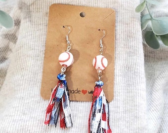 Baseball Tassel Earrings, Red White Blue Baseball earrings, Baseball fan earrings, Baseball Accessories, Team spirit earrings
